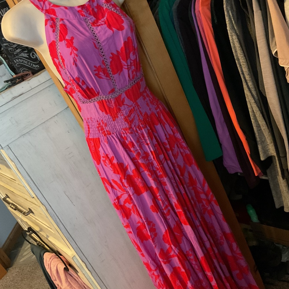 Floral Halter Maxi Dress - Pink and Red